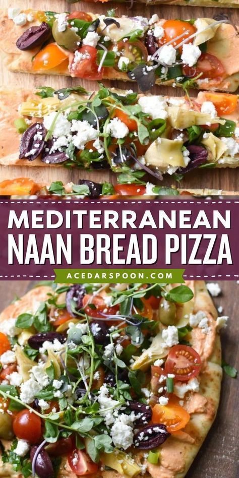 Here's an easy lunch recipe that's also a great dinner idea for tonight! You can even enjoy this naan pizza as a simple appetizer or snack idea. Spread with a layer of hummus and finished with toppings, this Mediterranean Naan Bread Pizza is healthy and delicious! Mediterranean Pita Pizza, Naan Bread Ideas Meals Dinners, Naan Bread Pizzas, Naan Bread Toppings, Heart Healthy Italian Recipes, Naan Bread Appetizer Ideas, Food That Travels Well, Mediterranean Dishes Dinners, Nann Bread Pizza