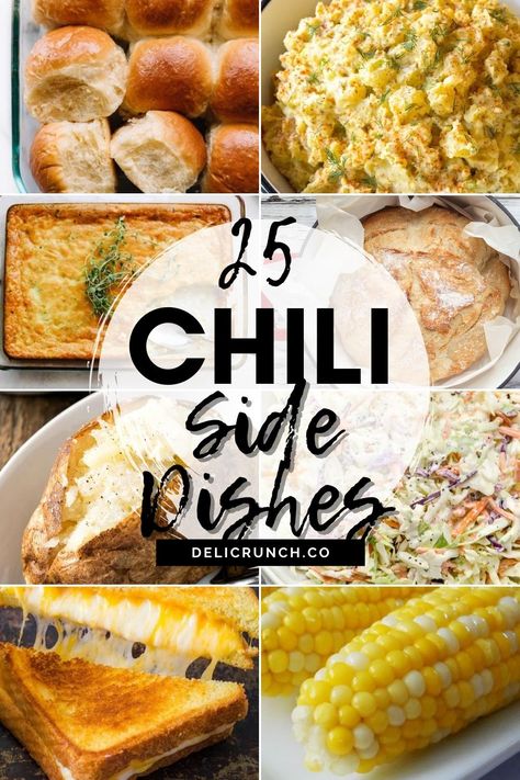 side dishes for chili like bread, potatoes, cornbread, salad Side With Chili, Sides For Chilli Dinner, Chili Meals Sides, Best Sides For Chili, Chili Dinner Side Dishes, Chili Sides Dishes, Sides For Chili Party, Chilli Side Dishes, What To Make With Chili