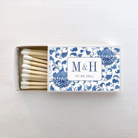 Chinoiserie Blue And White Wedding Monogram Matchboxes Beach Theme Wedding Reception, Wedding Match Boxes, Chinoiserie Print, Blue And White Wedding, Blue White Weddings, White Winter Wedding, Couples Monogram, Chinoiserie Blue, White Wedding Theme