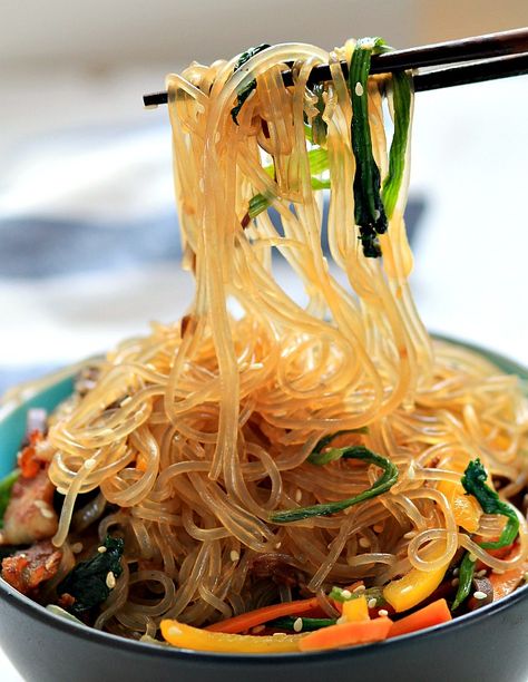 Japchae / Korean Stir-Fried Noodles Korean Stir Fry, Korean Cooking, Asian Inspired Dishes, Glass Noodles, K Food, Korean Dishes, Cucumber Recipes, Asian Flavors, Asian Cooking