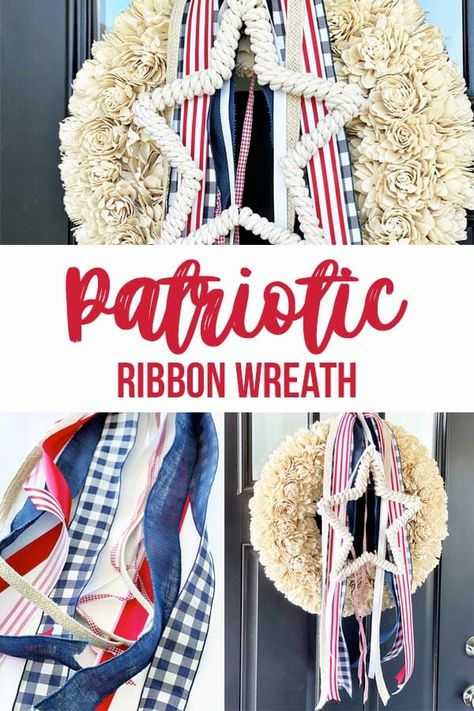 Patriotic Ribbon Wreath for your 4th of July holiday porch decor! Easy to change out wreath decor for each holiday! #independenceday #4thofjuly #homedecor #wreath #summerdecor Holiday Porch Decor, Patriotic Kids, Kids Party Crafts, Diy Summer Crafts, July Holidays, Summer Crafts For Kids, Festive Wreath, Patriotic Decor, Diy And Crafts Sewing