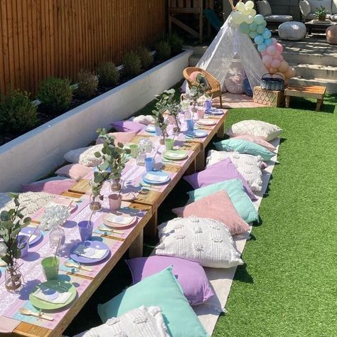 Sip And Paint Picnic, Pastel Cushions, Kids Party Hire, Kids Gardening Party, Princess Tea Party Birthday, Lace Teepee, Kids Party Tables, Pallet Kids, Teepee Party