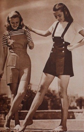 More from Vintage Dancer: http://www.vintagedancer.com/1940s/1940s-playsuits-rompers/  "1944 short Overalls and Jumper Playsuits" 40s Mode, Vintage Playsuit, Mode Retro, Fashion 1940s, Tokyo Street Fashion, Look Retro, Moda Retro, Grunge Look, 40s Fashion