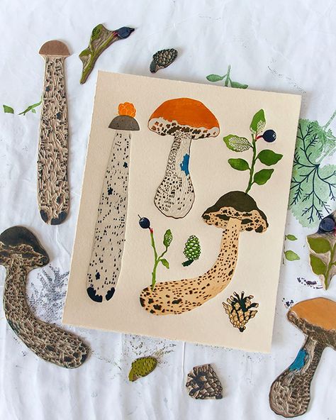 Fungi Illustration, Linoleum Block Printing, Folk Art Flowers, Printmaking Art, Arte Inspo, November 9, Monoprint, Lino Print, Linoleum