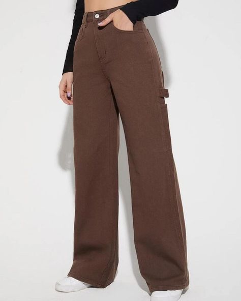 Wide Leg Jeans 45$ XS-S-M-L... Check more at PrettyTikTok.com Brown Wide Leg Jeans Outfit, How To Style Brown Jeans, Wide Leg Pants Aesthetic, Brown Jeans Outfit Women, Brown Wide Leg Pants Outfit, Brown Wide Leg Jeans, Brown Jeans Outfit, Brown Outfit Aesthetic, Brown Denim Pants