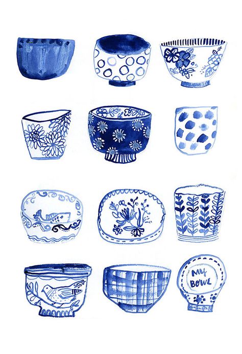 Blue Bowls Archival Print Blue Sketchbook, Textured Ceramics, August Wren, Sketchbook Challenge, Blue Stuff, Colour Painting, Willow Pattern, Blue Bowl, Delft Blue