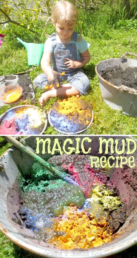 Magic Mud Recipe, Earth Day Outside Activities, Backyard Nature Activities For Kids, Mud Ideas For Preschool, Messy Outdoor Art For Kids, Messy Play Outdoors, Mud Activities For Toddlers, Mud Kitchen Potion Making, Mud Painting For Kids