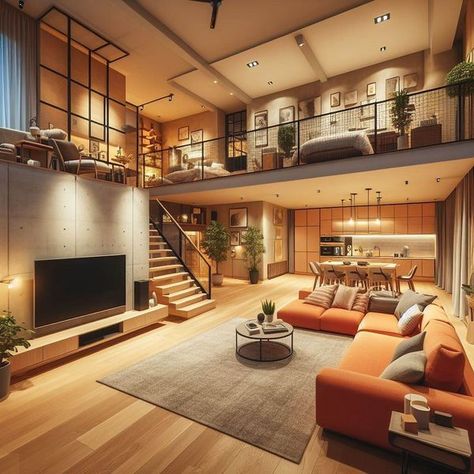 Win Tiny House Mezzanine Living Room, Mezzanine House Design, House With Mezzanine, Mezzanine House, Industrial House Exterior, Mediterranean House Designs, Warehouse Living, Loft House Design, Sunken Living Room