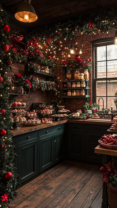 This cozy kitchen is wrapped in Christmas magic! 🎄✨ The warm glow of fairy lights dances on rustic brick walls, while lush green garlands and vibrant red ornaments bring festive cheer. Indulge your senses with delicious treats and joyful holiday vibes! 🍪🕯️❤️ #christmas #decor #cozy #holiday #kitchen #rustic #festive #warm #design #inspiration #cookies #treats #lights #garland Christmas Classic Aesthetic, Brick Wall Christmas Decor, Dark Cozy Christmas Aesthetic, Christmas House Kitchen, Christmas Carol Decorations, English Cottage Christmas Decor, Christmas Cozy Home, Christmas Townhouse, Old English Christmas