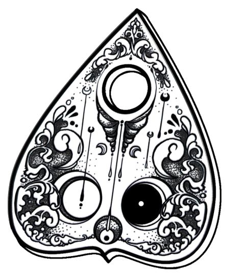 Ouija Board Tattoos, Planchette Drawing, Planchette Tattoo Simple, Ouija Board Tattoo, Oujia Board Tattoos, Ouija Planchette Tattoo, Planchette Tattoo Design, Planchette Design, Gothic Planchette Tattoo