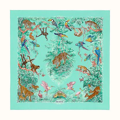 Vintage Hermes Scarf, Jungle Scene, Silk Twill Scarf, Pale Aqua, Scarf Rings, Hermes Accessories, Silk Accessories, Vintage Hermes, Scarf Sale