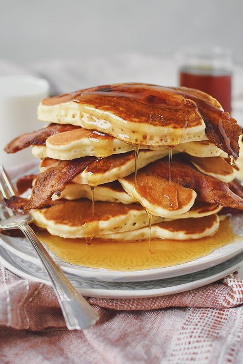 Bacon Pancakes stacked up on a plate with maple syrup DRIPPING off of them. Super Fluffy Pancakes, Pancakes Aesthetic, Vegan Butter Substitute, Bacon Pancakes, Making Pancakes, Make People Happy, Irish Butter, Pancakes And Bacon, Pork Bacon