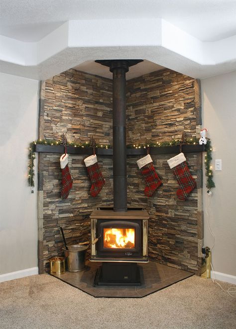 Christmas Decor Around Woodstove, Wood Burning Stove In Corner Of Living Room, Vermont Castings Wood Stove Living Rooms, Fireproof Wall Behind Wood Stove, Pellet Stove Ideas Corner, Wood Stove Wall Behind, Built In Wood Stove, Wood Burning Stoves Living Room Corner, Buck Stove Fireplace Ideas