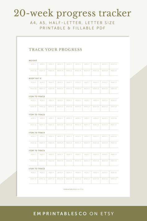 Looking to track your fitness progress and reach your goals? This printable 20-week progress tracker is the perfect tool to help you stay on track! With sections to track your weight, body measurements, and various fitness-related exercises (such as bench press, sit-ups, and more), you can easily monitor your progress and make adjustments to your fitness routine as needed. Goal Progress Tracker, Weight Tracker Printable, Aesthetic Planners, Progress Tracker, Workout Tracker, Tracker Fitness, Fitness Planner Printable, Weight Tracker, Ride The Wave