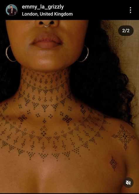 Dots Neck Tattoo, Trajva Tattoo Design, Ethiopian Tattoos For Women, Sahlt Alycia Tattoos, Ornamental Neck Tattoo, Neck Tattoo Women, Dots Tattoo, Crocodile Tattoo, Berber Tattoo