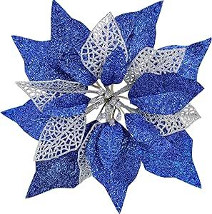 Dark Blue Christmas Decor, Blue And Silver Christmas Tree Ideas, Blue And Silver Christmas Decorations, Christmas Wedding Flowers, Christmas Tree Wreaths, Blue Christmas Tree Decorations, Fabric Petals, Holiday Floral Arrangements, Tree Wreaths