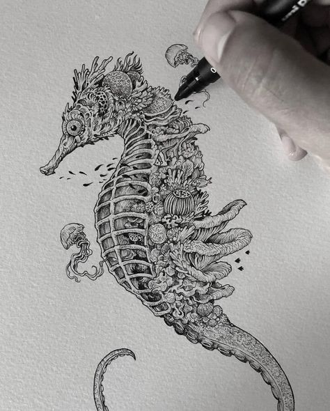 Coral seahorse and jellyfish by K. Rosanes Coral Artwork, Seahorse Drawing, Coral Drawing, Seahorse Tattoo, Seahorse Art, Coral Art, Inspirational Artwork, Black And White Drawing, Ink Illustrations