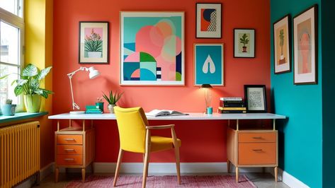 Inspiring Bohemian Home Office Ideas for Creative Workspaces Colourful Office, Bohemian Home Office, Bohemian Office, Home Office Ideas, Modern Farmhouse Living Room, Office Colors, Creative Workspace, Workspace Inspiration, Eclectic Art