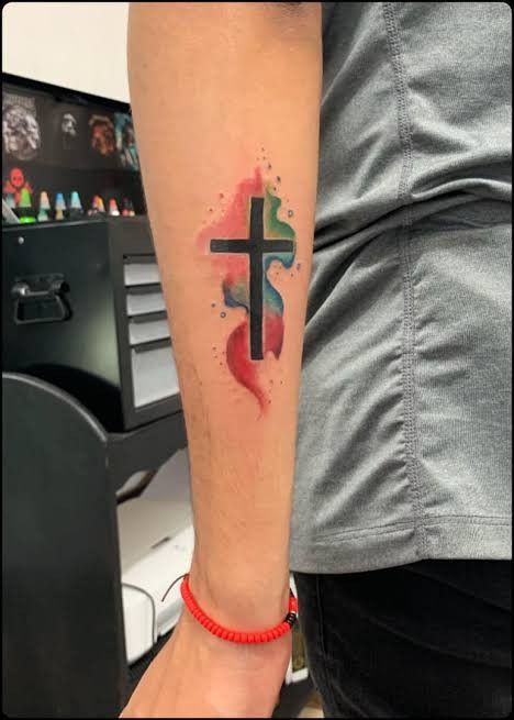 Watercolor Cross Tattoo, Comic Tattoo, Trash Polka Tattoo, Cross Tattoo, Tattoos Ideas, Animal Tattoos, Color Tattoo, Tattoo Images, Minimalist Art