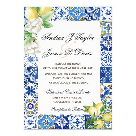 Mediterranean Wedding Invitations, Citrus Wedding Invitations, Lemon Invitations, Mediterranean Tiles, Lemon Wedding Invitations, Citrus Wedding, Mediterranean Wedding, Mediterranean Tile, Photo Wedding Invitations