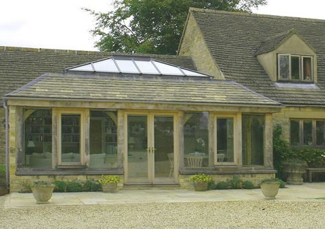 Orangery in Green Oak on Listed house in Cotswolds Orangery Roof, Oak Framed Extensions, Orangery Extension, 17th Century House, Cottage Extension, Oak Frame House, Garden Room Extensions, Room Extensions, Roof Lantern