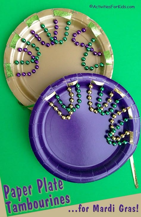 Paper plate tambourine is a perfect Mardi Gras Activity for Kids.  Easy enough for pre-school children and inexpensive to make.  Find more Mardi Gras crafts for kids at ActivitiesForKids.com Mardi Gras Crafts For Kids, Music Crafts Preschool, Mardi Gras Activities, Mardi Gras Kid, Instrument Craft, Mardi Gras Crafts, Diy Instruments, Preschool Music, Music Crafts