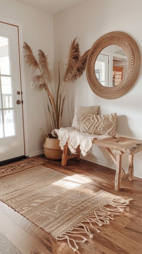 Home Decor Ideas Cozy Simple, Minimalist Neutral Home Decor, Boheme Interior Design, Boho Home Entryway, Minimalistic Bohemian Interior, Simple Boho House Decor, Boho Aesthetic Decor, Boho Entrance Decor, Minimalist Boho Decor