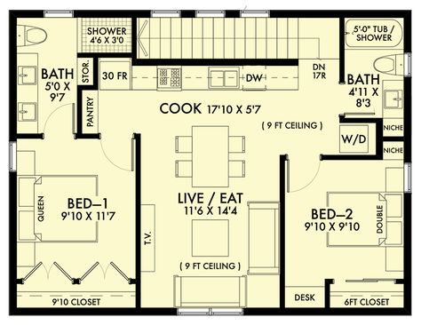 This garage apartment plan gives you two beds and two baths (889 sq. ft.) set above a 3-car garage (528 sq. ft.). The back of the garage has a storage closet under the stairs, a mechanical closet and a foyer with 6' coat closet accessible from outside. Stairs running along the back take you to the apartment which is designed with a split bed layout with each side having its own bathroom. The center portion of the apartment has a kitchen lining the back with a living/dining space with windows loo Over The Garage Apartment Plans, Apartment Garage Ideas, Above Garage Floor Plans, 3 Car Garage With Apartment Above, Studio Apartment Garage, 3 Car Garage Apartment Plans, Above Garage Apartment Interior, Mechanical Closet, Garage Apartment Ideas