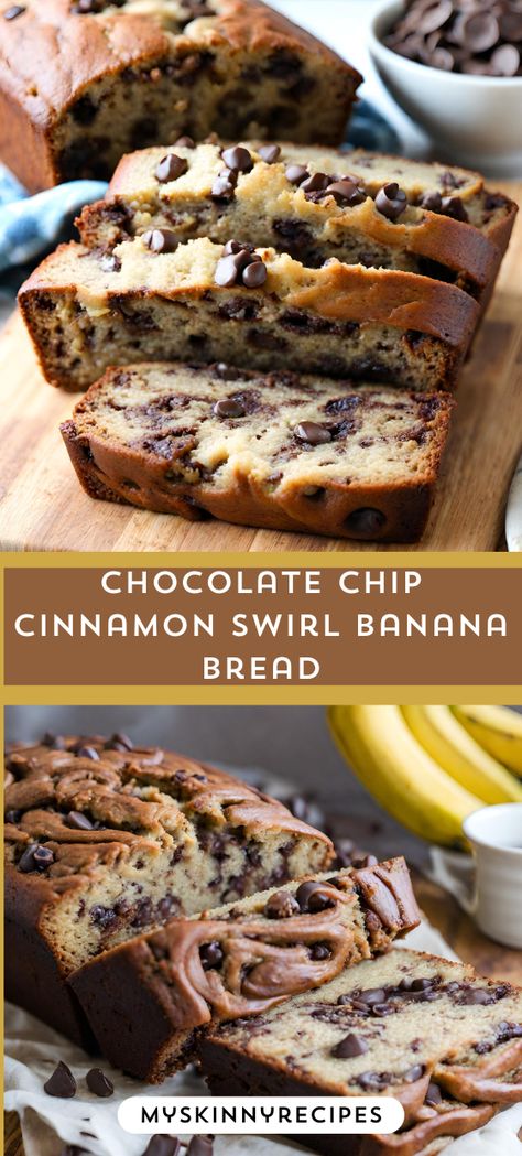 Indulge in a delightful twist on classic banana bread with our Chocolate Chip Cinnamon Swirl Banana Bread recipe! 🍌🍫✨ Moist banana bread with pockets of melted chocolate, swirled with cinnamon-sugar goodness, makes this treat irresistible. Perfect for breakfast, brunch, or a sweet snack! #BananaBread #ChocolateChip #CinnamonSwirl #Homemade #Recipe#myskinnyrecipes Banana Bread Recipe Chocolate Chip Cinnamon, Cinnamon Chocolate Chip Banana Bread, Banana Bread With Cinnamon Chips, Chocolate Cinnamon Bread, Honey Vanilla Banana Bread, Banana Bread Cinnamon Swirl, Recipes For Brown Bananas, Banana Cinnamon Swirl Bread, Banana Bread Recipe Cinnamon Swirl