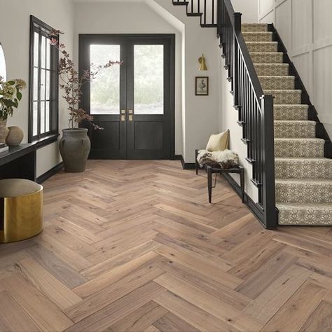 Herringbone Hardwood Floors, Herringbone Wood Floor, Lvp Flooring, Walnut Floors, Floor Tile Design, Herringbone Floor, Foyer Design, Engineered Flooring, Tile Trim