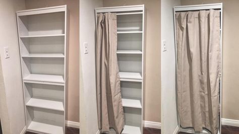 Pantry hack! Target bookshelf, tension rod, and curtain panel! Less than $60!  pantry, diy, kitchen, organization, space saver Pantry Bookshelf, Bookshelf Pantry, Pantry Curtain, Diy Kitchen Pantry, Diy Pantry Cabinet, Target Bookshelf, Diy Pantry Makeover, Diy Kitchen Organization, Pantry Diy