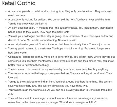 retail gothic - Imgur Southern Gothic Writing Prompts, Liminal Library, Cryptic Core, Regional Gothic, Gothic Tumblr, Gothic Words, Character Charts, Gothic Writing, Horror Ideas