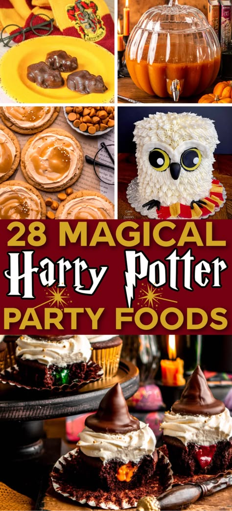 Wow, these Harry Potter party foods are incredible! Perfect for Harry Potter party! Butterbeer, Polyjuice Potion, Pumpkin Juice, Harry Potter drinks, Harry Potter desserts, Harry Potter appetizers, Hogwarts party, Halloween party theme, Halloween recipes, Halloween party ideas, Harry Potter inspired party foods, Harry Potter dinners food, pumpkin pasties. Harry Potter Themed Food Easy, Harry Potter Halloween Recipes, Harry Potter Movie Food Ideas, Harry Potter Foods To Make, Harry Potter Dinner Movie Night, Lion Themed Snacks, Harry Potter Party Appetizers, Hogwarts Appetizers, Harry Potter Theme Treats