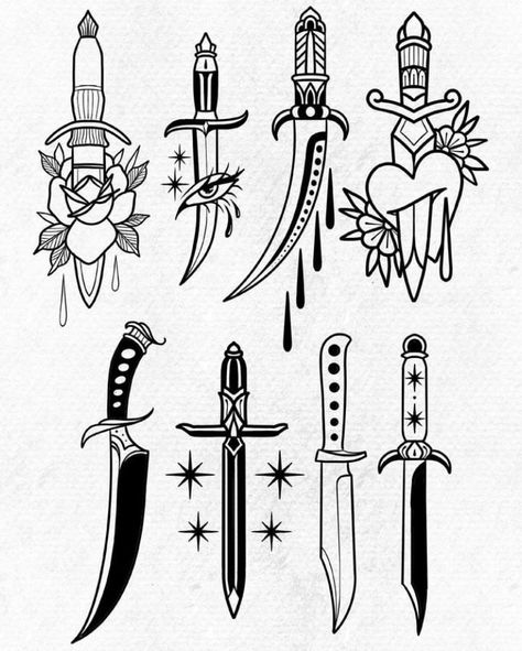 Tattoo Practice Stencils Easy, Knife Tattoo Flash, American Traditional Knife, Traditional Dagger Tattoo Design, Small Dagger Tattoo, Traditional Knife Tattoo, Dagger Tattoo Traditional, Daga Tattoo, Dagger Tattoo Design