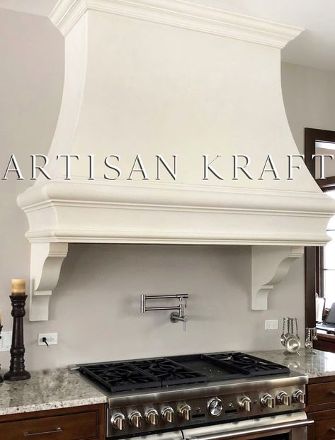 Decorative Kitchen Range Hood made from cast stone Cast Stone Range Hood, Stone Range Hood, Kitchen Range Hoods, Kitchen Hood Design, Grand Kitchen, French Designs, Cottage Style Kitchen, Instagram Kitchen, French Style Homes