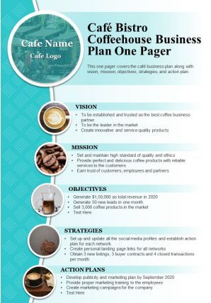 Cafe Bistro Coffeehouse Business Plan One Pager Presentation Report Infographic PPT PDF Document Business Plan Presentation Design, Report Infographic, Powerpoint Examples, Cafe Business Plan, Coffee Shop Business Plan, Project Dashboard, Business Plan Example, Project Charter, Plan Presentation