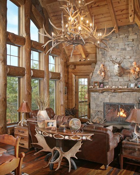 Hunting Lodge Exterior, Lodge Great Room, Hunting Lodge Interiors, Lodge Interiors, Lodge Exterior, Log Home Interior, Log Home Living, Log Home Designs, Log Home Decorating