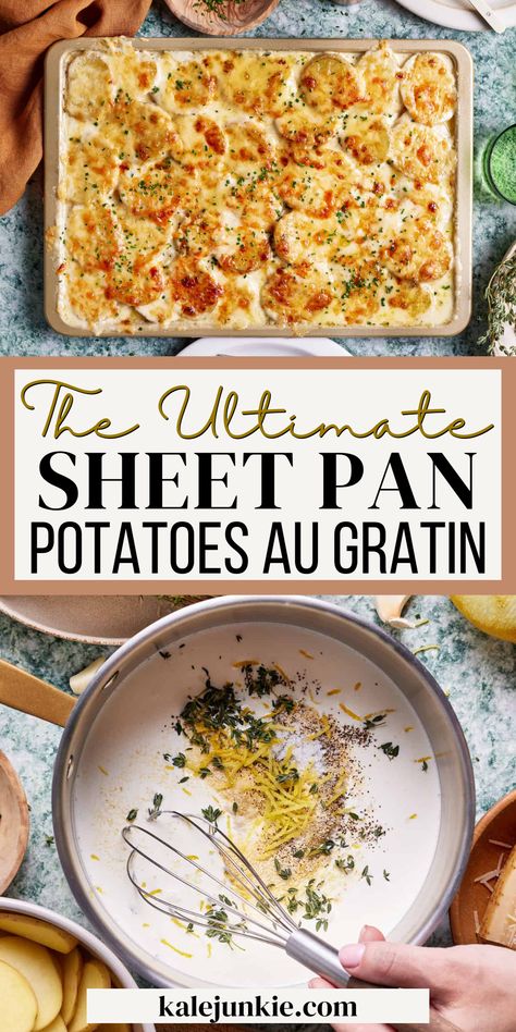 These are The Ultimate Sheet Pan Potatoes Au Gratin! They’re made from layers of tender yukon gold potatoes and topped with a creamy three-cheese blend sauce that truly makes the flavor impeccable. Every bite is so comforting and delicious, you’ll truly be obsessed with this recipe. Try it out today! Thanksgiving Au Gratin Potatoes, Sheet Pan Au Gratin Potatoes, Sheet Pan Potatoes Au Gratin, Yukon Gold Potato Recipe, Sheet Pan Potatoes, Sweet Potato Au Gratin, Pan Potatoes, Gold Potato Recipes, Au Gratin Potatoes Easy