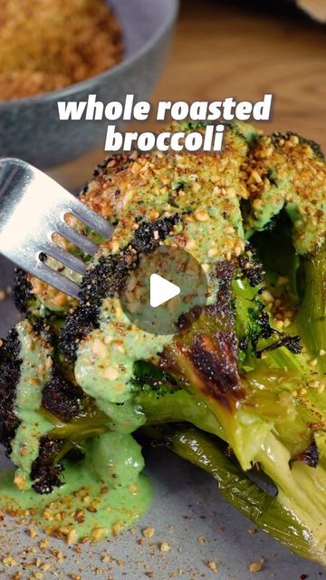 Maya // vegan recipes on Instagram: "WHOLE ROASTED BROCCOLI 🥦 

We all know roasted cauliflower but what about roasted broccoli?
I think it tastes even better, also my family loved it! 🥰
Much love
Maya ✨
RECIPE (3-4 servings, 55min prep time):
-2 broccolis
Pre cook for 5mins.
Place on a baking tray and let it steam dry for 10mins.
Drizzle with olive oil and salt.
Roast at 250C/480F for 20-30mins.
Sauce:
-1/2 bunch parsley 
-1 clove garlic
-1/2 lemon
-2 Tsp Agave or maple syrup 
-chili flakes to taste
-1/2 cup (120g) vegan yogurt 
-salt to taste 
Dukkah inspired topping:
-2/3 cups (80g) cashews
-2 Tbsp sesame seeds
-1 Tsp each ground cumin and ground coriander 
Blend.
Serve the broccoli with the sauce and Dukkah.
-
GANZER GERÖSTETER BROKKOLI 🥦

Wir alle kennen gerösteten Blumenkohl, aber Mind Recipes, Clean Eating Guide, Vegan Yogurt, Aip Recipes, Vegan Cookbook, Roasted Broccoli, Chili Flakes, Baking Tray, Healthy Eating Recipes