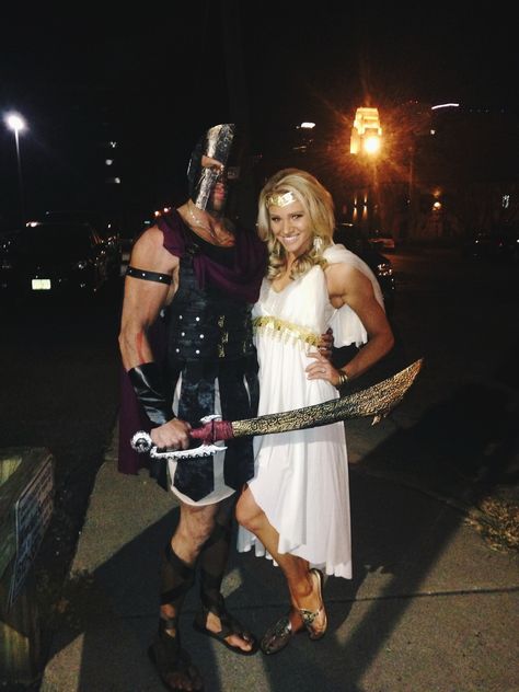 Couples halloween costume, greek goddess, greek warrior! My hubby and I :) Warrior Couple Costume, Greek Couples Costumes, Historical Couples Costumes, Gladiator Couple Costume, Greek Goddess Costume Couple, Greek God Couple Costume, Greek Couple Costume, Greek God And Goddess Costume Couple, Greece Halloween Costumes