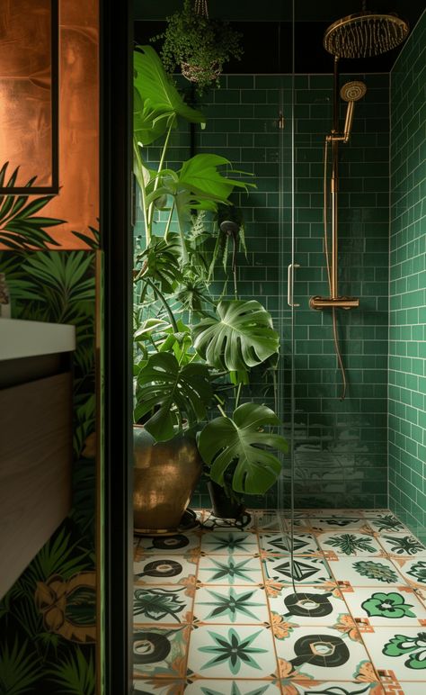 Copper Bathroom Accents, Bathroom Ideas Black And White Floor, Cottagecore Modern Aesthetic, Bathroom Design Eclectic, Dark Green Bathroom Aesthetic, Two Tone Green Bathroom, Tropical Shower Bathroom, Small Shower Room Ideas Layout, Eclectic Home Design