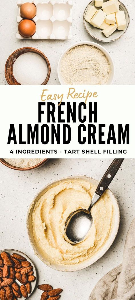 Almond cream filling, made with only four basic ingredients, is a simple French recipe perfect for baking. It's great for filling tart shells, fruit tarts, frangipane tarts, and even almond croissants, adding a delicious almond taste to these treats. This easy-to-make filling brings a touch of French pastry magic to your kitchen. Almond Custard Filling, Almond Croissant Recipe From Scratch, Almond Filling Recipe, Almond Cream Recipe, Almond Cream Filling, Almond Paste Recipes, Cream Filling Recipe, French Pastries Recipes, Almond Pie