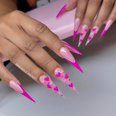 Nails Light Pink And Hot Pink Nails, Hot Pink Bling Nails, Pink Manicure Ideas, Christmas Nails Stiletto, Stiletto Nails Pink, Nails Cute Pink, Nails Pink Coffin, Nails Pink Ombre, Pink Matte Nails