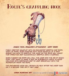 Rogue's grappling hook Dnd 5e Grappling Hook, Homebrew Artificer Items, Fantasy Grappling Hook, Grappling Hook Fantasy, Grappling Hook Drawing, D&d Armor Items, Dnd Rogue Poses, Random Dnd Items, Dungeons And Dragons Armor