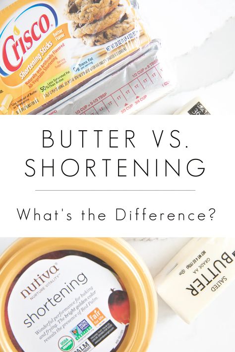 Have you ever wondered about the difference between butter and shortening and when to use each one? Today we're exploring shortening vs. butter and the differences that make them so great. Lard Pie Crust, Crisco Recipes, Desserts With Few Ingredients, Buttered Vegetables, Canned Butter, How To Make Biscuits, Lean Pork, Shortbread Recipes, Best Chocolate Chip Cookie