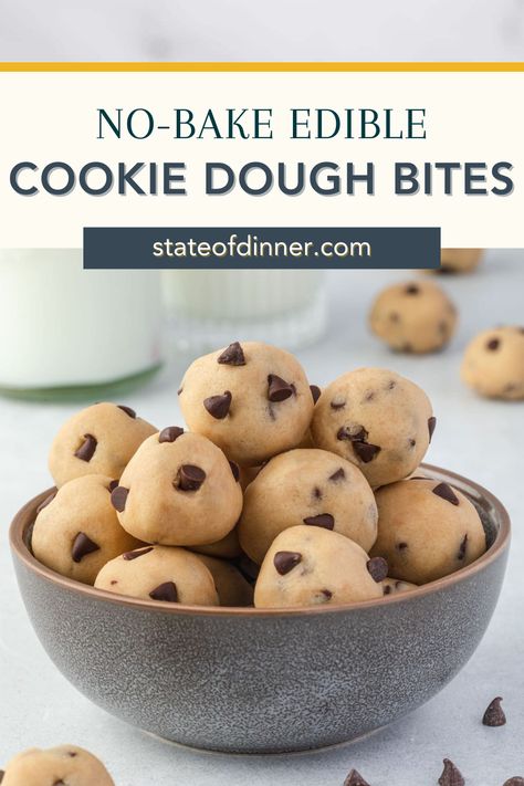 These Edible Cookie Dough Bites are an easy no-bake recipe! Perfect for when you are craving some yummy cookie dough because it takes just 5 minutes to make. These delicious bites are also a huge hit at parties! No Bake Edible Cookie Dough, Safe To Eat Cookie Dough, Simple Cookie Dough Recipe, Edible Cookie Dough Bites, Chocolate Chip Cookie Dough Bites, Easy Cookie Dough, Cookie Dough To Eat, Edible Cookie Dough Recipe, No Bake Cookie Dough