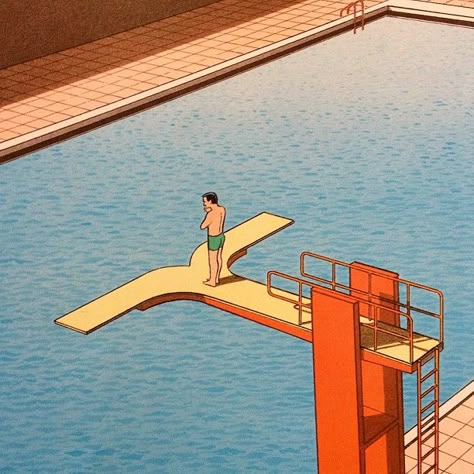 guy billout      THE MOST MUNDANE SITUATIONS WITH A TWIST OF PERSPECTIVE Diving Board Drawing, Swimming Illustration, Guy Billout, Illustration Design Graphique, Interesting Drawings, Sketch Note, Guy Bourdin, Milton Glaser, Blog Art