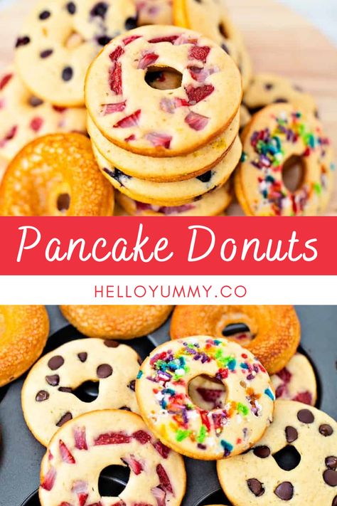 Donuts From Pancake Mix Baked, Donuts Out Of Pancake Batter, Easy Back To School Breakfast For Kids, Donut Pancake Recipe, Mini Donut Pan Ideas, Kids To Go Breakfast Ideas, Breakfast Donuts Easy, Easy Breakfast Ideas With Pancake Batter, On The Go Kids Breakfast