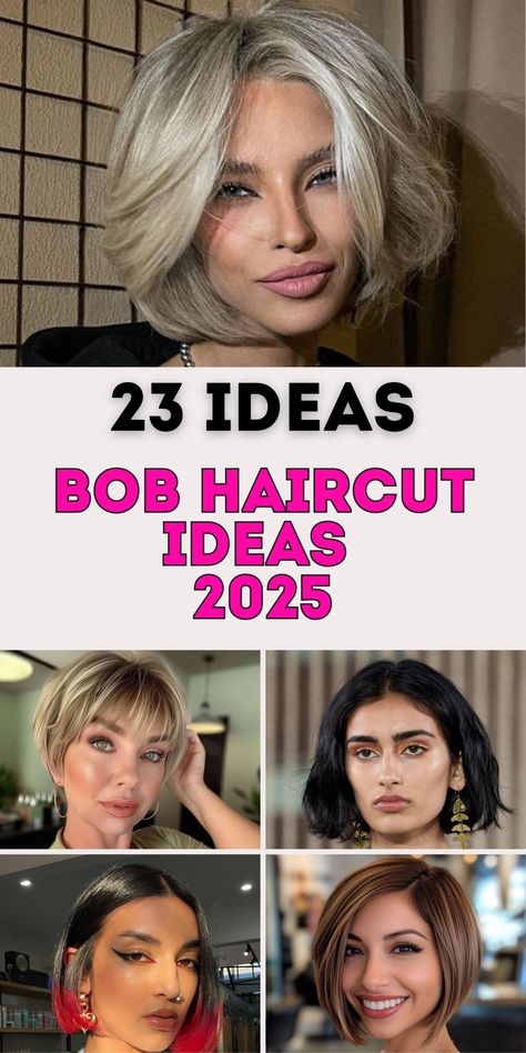 Transform your hairstyle with 23 bob haircut ideas for 2025, blending classic, edgy, and casual styles. From stacked short bobs to chin-length cuts with bangs, these designs cater to women with fine, curly, or wavy hair. Whether you’re inspired by 90s trends or modern K-pop aesthetics, these bobs redefine elegance and fun. Perfect for round faces or shoulder-length hair, these versatile options suit every personality and occasion. Short Bobs With Middle Part, Versatile Bob Haircut, Short Womens Haircuts For Round Faces, Stacked Bob With Curtain Bangs, Bob Hairstyles 2025 Trends, Platinum Bob Hairstyles, Chin Length Bob For Thick Hair, A Frame Bob Haircut, Asymmetrical Layered Bob