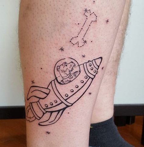 Dog Tattoo Ideas Aesthetic, Space Animal Tattoo, Dog In Space Tattoo, Space Dog Tattoo, Ollie Tattoo, Space Cowboy Tattoo, Sprocket Tattoo, Rocket Ship Tattoo, Crew Tattoo